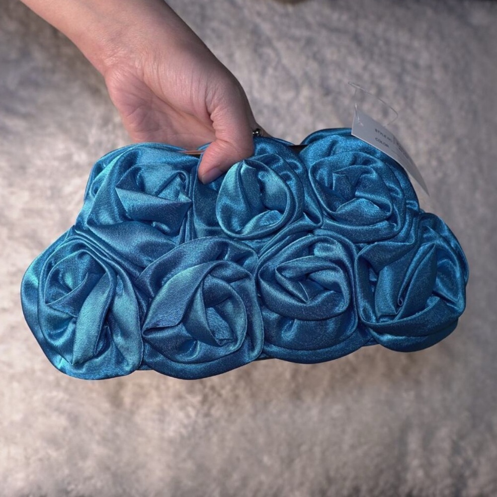 Elegant Blue Satin Rose Clutch/Shoulder Bag